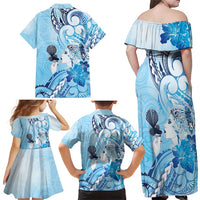 Aotearoa Maori Wahine Family Matching Off Shoulder Maxi Dress and Hawaiian Shirt Fantail Bird Blue Gold Marble