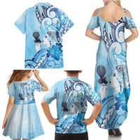 Aotearoa Maori Wahine Family Matching Summer Maxi Dress and Hawaiian Shirt Fantail Bird Blue Gold Marble