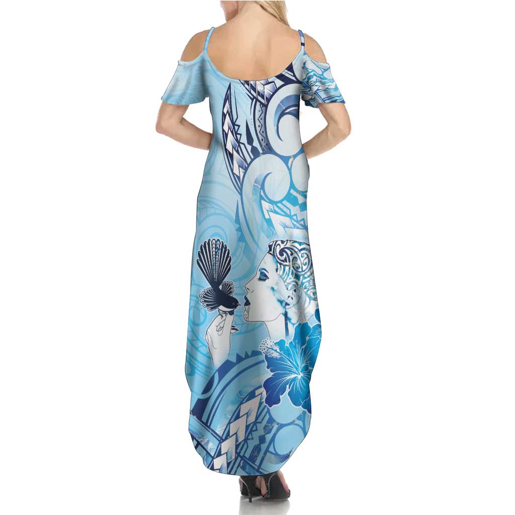Aotearoa Maori Wahine Family Matching Summer Maxi Dress and Hawaiian Shirt Fantail Bird Blue Gold Marble