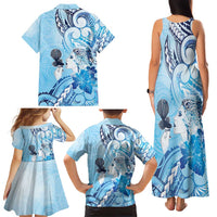 Aotearoa Maori Wahine Family Matching Tank Maxi Dress and Hawaiian Shirt Fantail Bird Blue Gold Marble