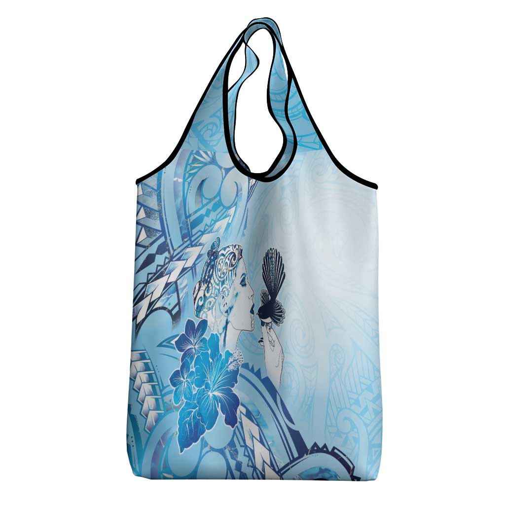 Aotearoa Maori Wahine Grocery Bag Fantail Bird Blue Gold Marble