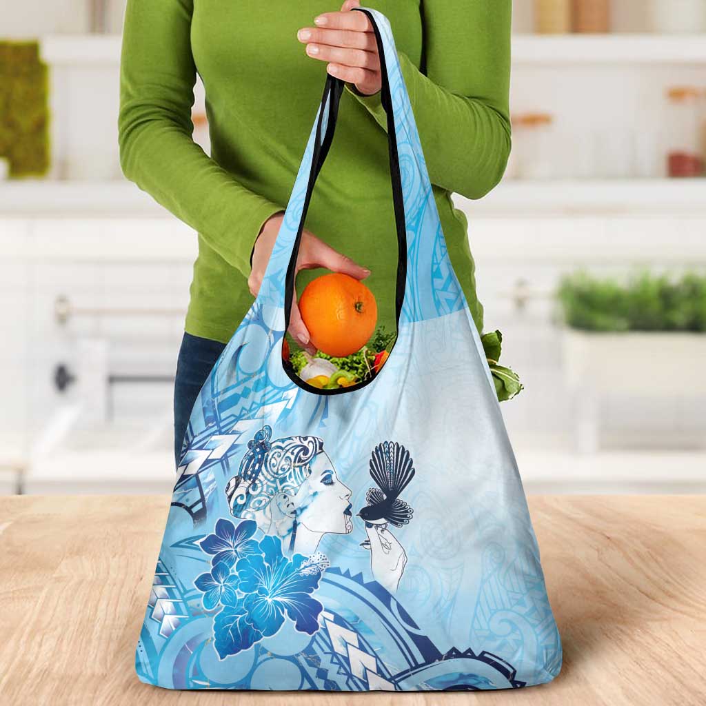 Aotearoa Maori Wahine Grocery Bag Fantail Bird Blue Gold Marble