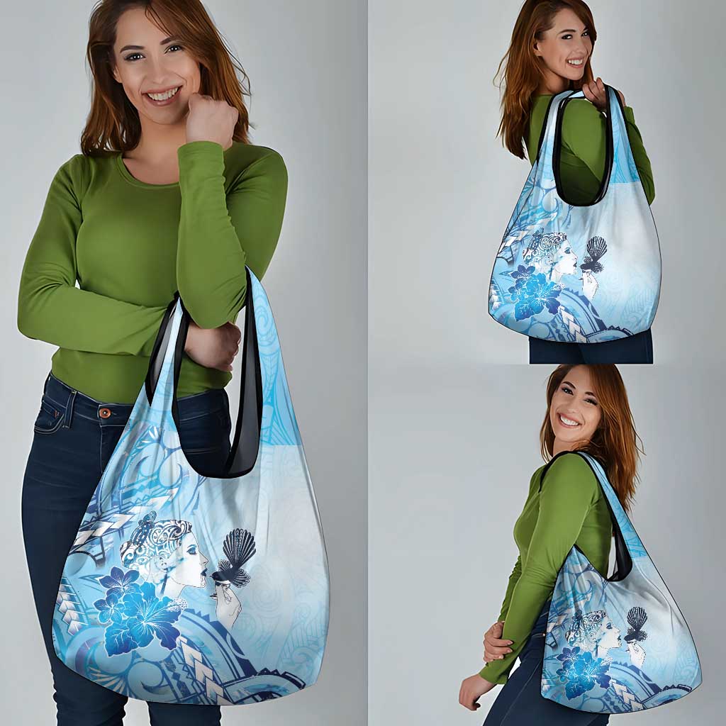 Aotearoa Maori Wahine Grocery Bag Fantail Bird Blue Gold Marble