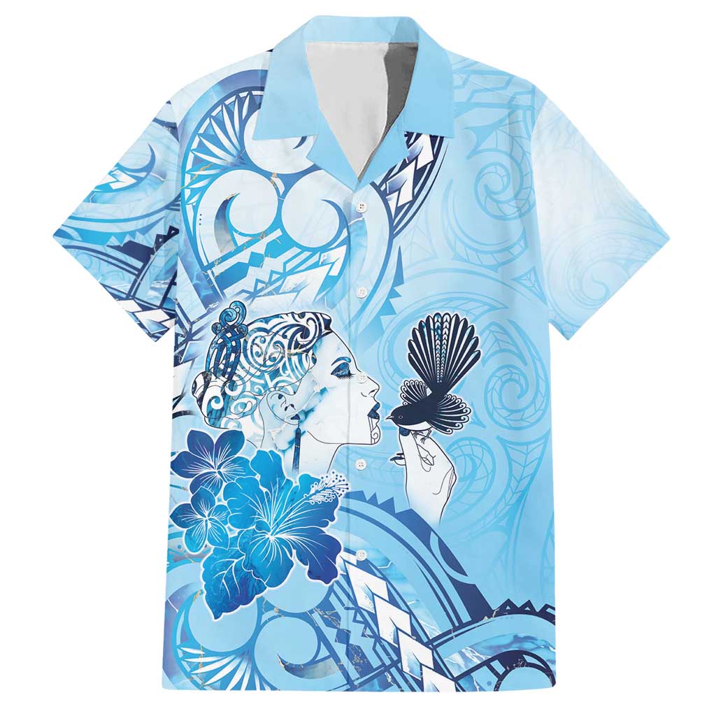 Aotearoa Maori Wahine Hawaiian Shirt Fantail Bird Blue Gold Marble LT05 Blue - Polynesian Pride