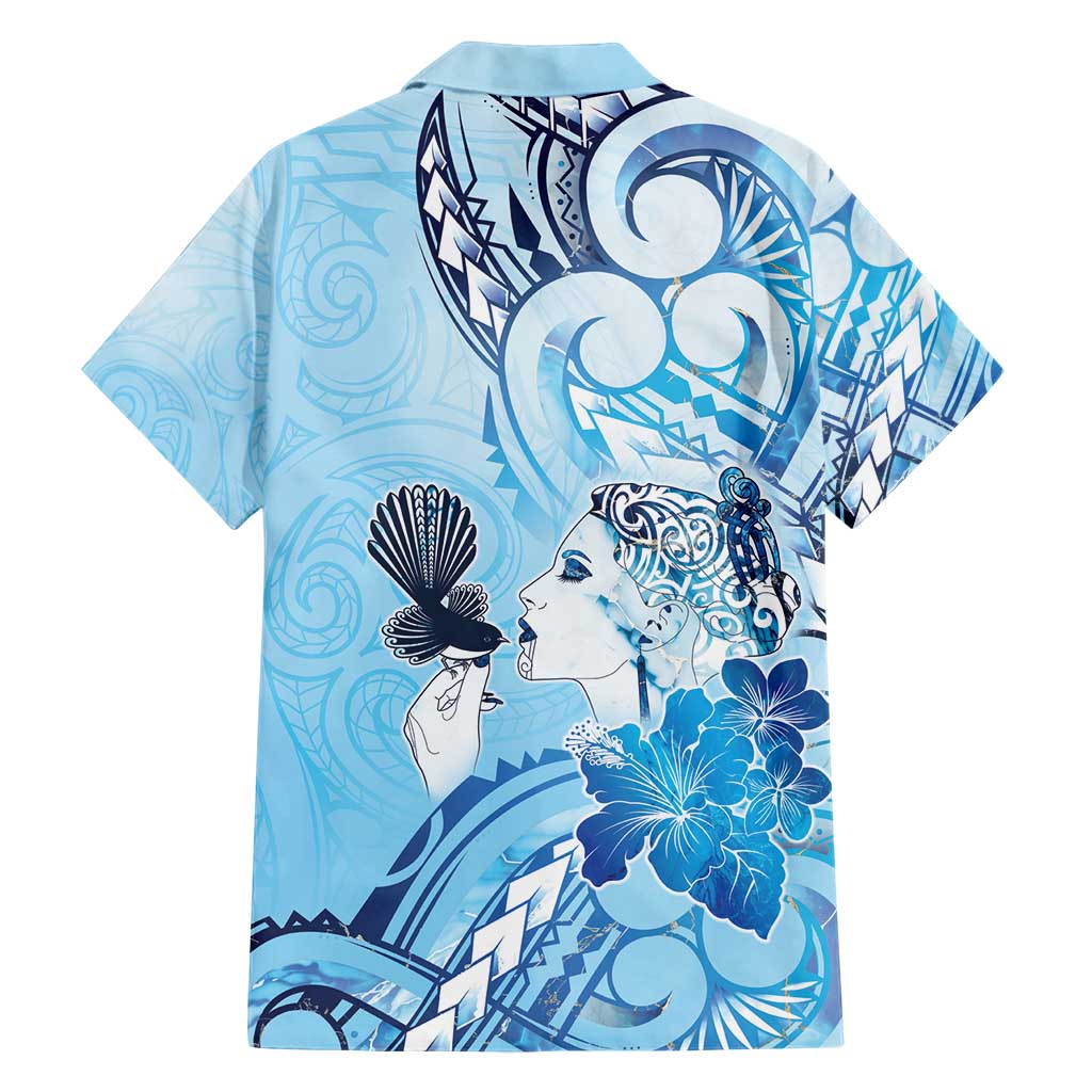 Aotearoa Maori Wahine Hawaiian Shirt Fantail Bird Blue Gold Marble LT05 - Polynesian Pride