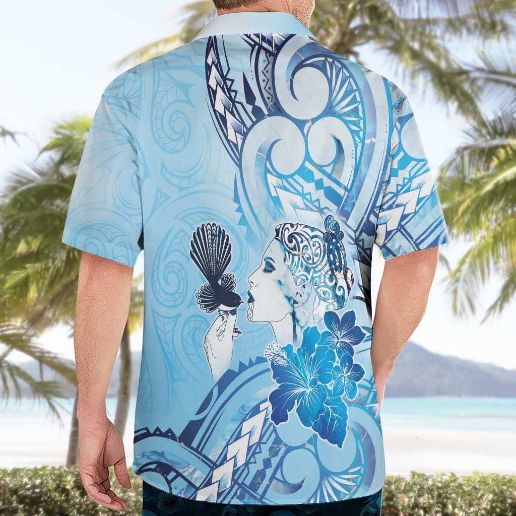 Aotearoa Maori Wahine Hawaiian Shirt Fantail Bird Blue Gold Marble LT05 - Polynesian Pride
