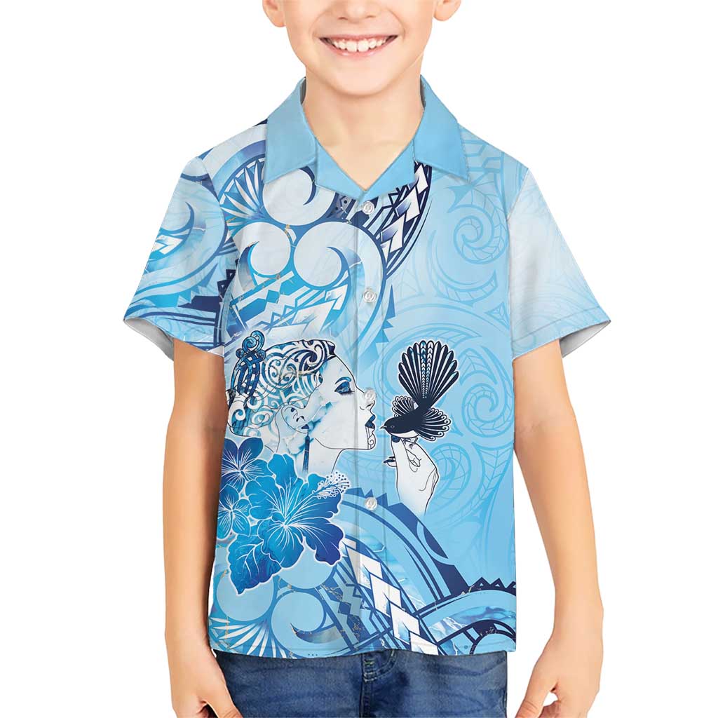 Aotearoa Maori Wahine Kid Hawaiian Shirt Fantail Bird Blue Gold Marble LT05 Kid Blue - Polynesian Pride
