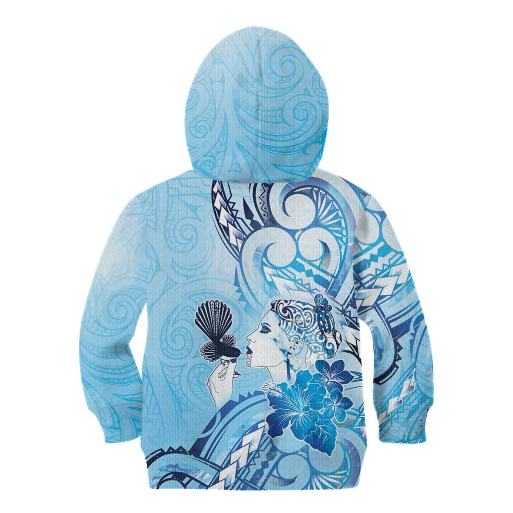 Aotearoa Maori Wahine Kid Hoodie Fantail Bird Blue Gold Marble