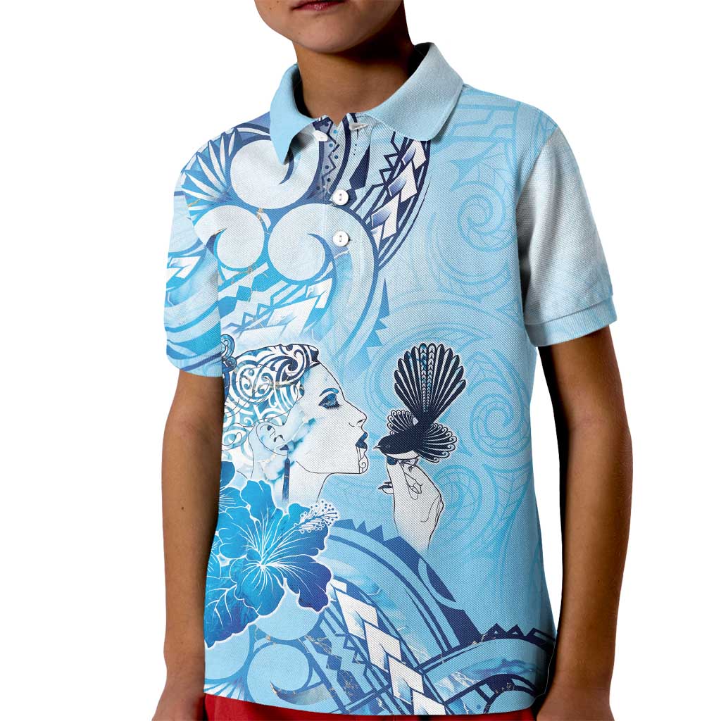 Aotearoa Maori Wahine Kid Polo Shirt Fantail Bird Blue Gold Marble LT05 Kid Blue - Polynesian Pride