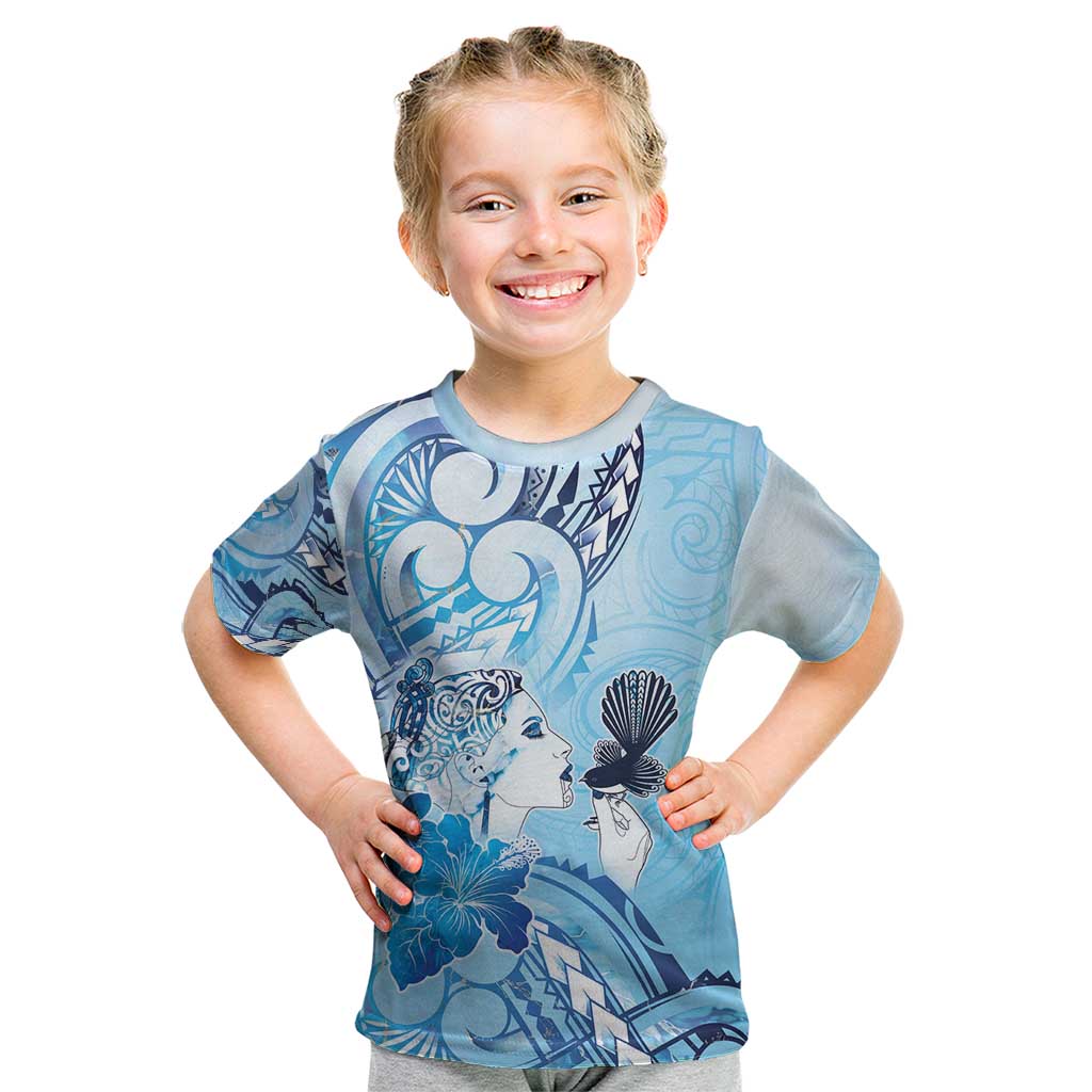 Aotearoa Maori Wahine Kid T Shirt Fantail Bird Blue Gold Marble LT05 Blue - Polynesian Pride