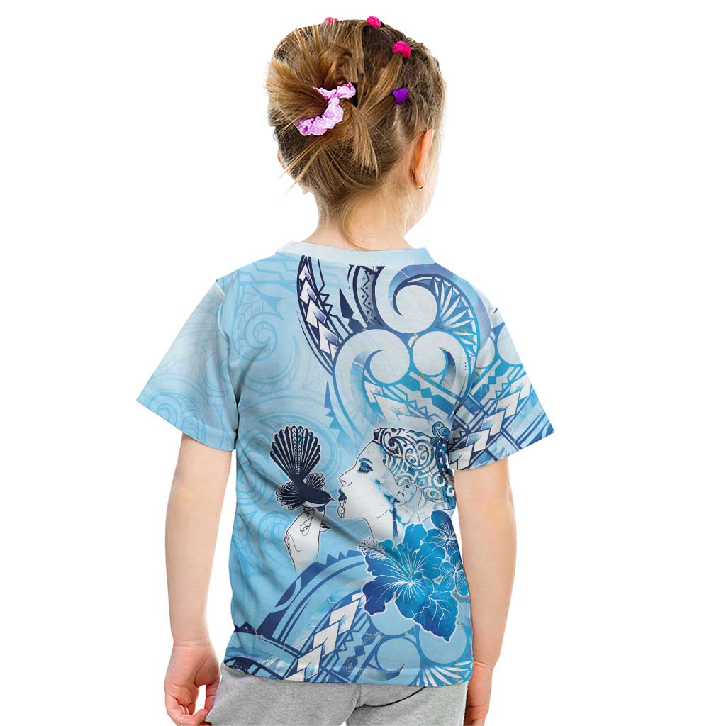 Aotearoa Maori Wahine Kid T Shirt Fantail Bird Blue Gold Marble LT05 - Polynesian Pride