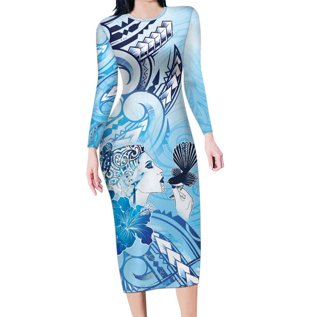 Aotearoa Maori Wahine Long Sleeve Bodycon Dress Fantail Bird Blue Gold Marble