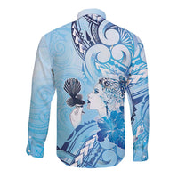 Aotearoa Maori Wahine Long Sleeve Button Shirt Fantail Bird Blue Gold Marble LT05 - Polynesian Pride