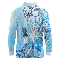 Aotearoa Maori Wahine Long Sleeve Polo Shirt Fantail Bird Blue Gold Marble