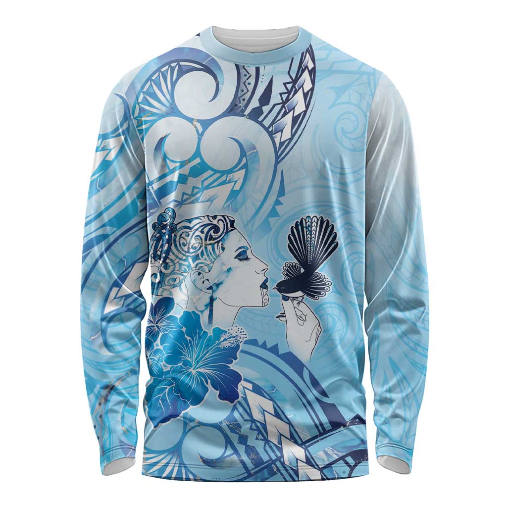 Aotearoa Maori Wahine Long Sleeve Shirt Fantail Bird Blue Gold Marble LT05 Unisex Blue - Polynesian Pride