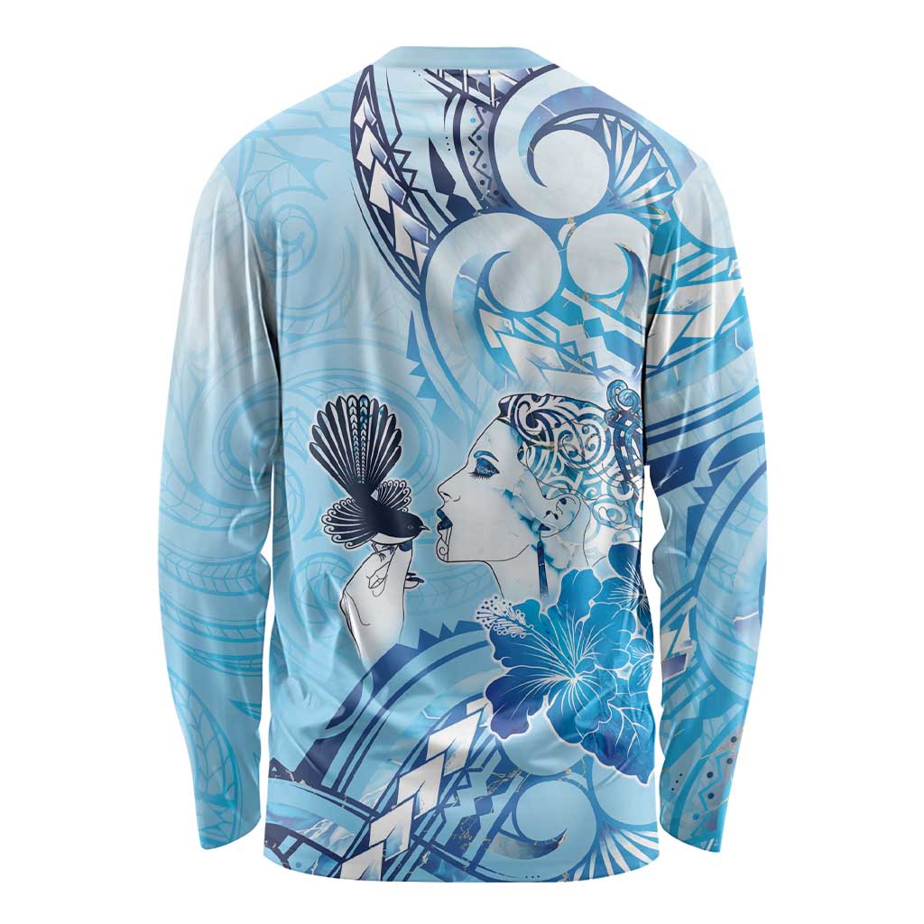 Aotearoa Maori Wahine Long Sleeve Shirt Fantail Bird Blue Gold Marble LT05 - Polynesian Pride