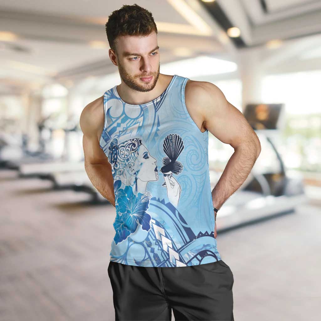 Aotearoa Maori Wahine Men Tank Top Fantail Bird Blue Gold Marble LT05 Blue - Polynesian Pride