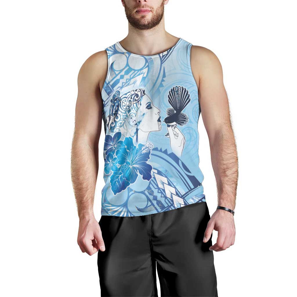 Aotearoa Maori Wahine Men Tank Top Fantail Bird Blue Gold Marble LT05 - Polynesian Pride
