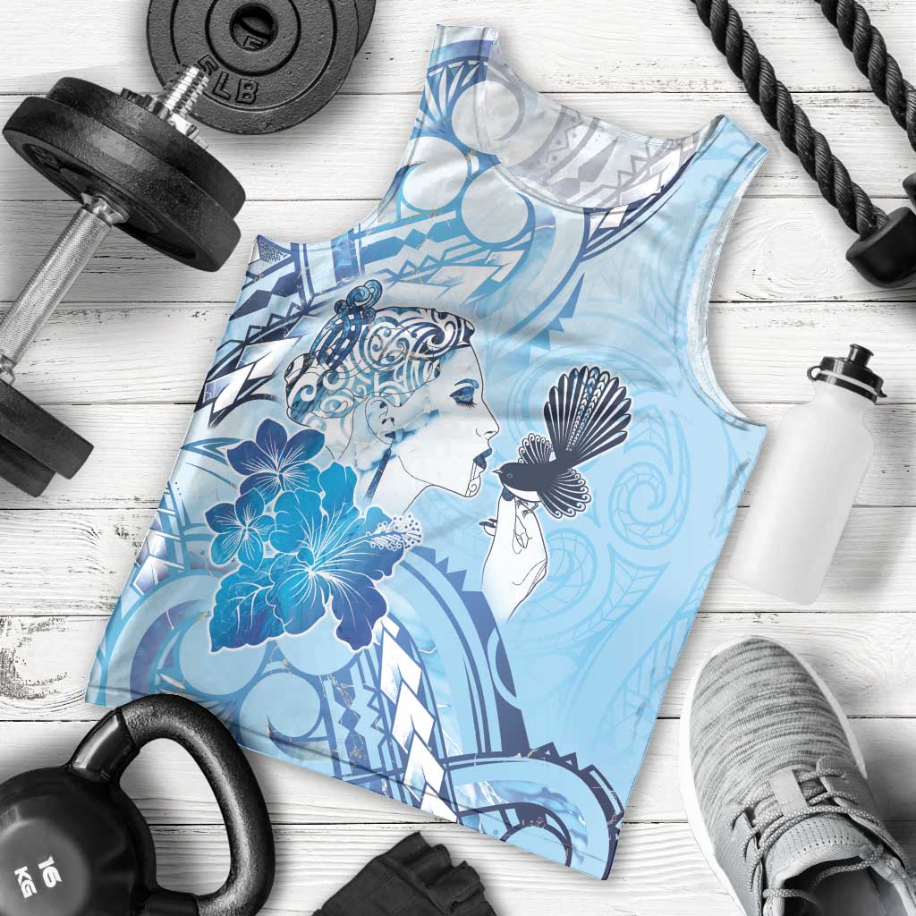 Aotearoa Maori Wahine Men Tank Top Fantail Bird Blue Gold Marble LT05 - Polynesian Pride