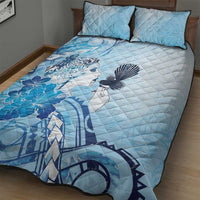 Aotearoa Maori Wahine Quilt Bed Set Fantail Bird Blue Gold Marble LT05 - Polynesian Pride