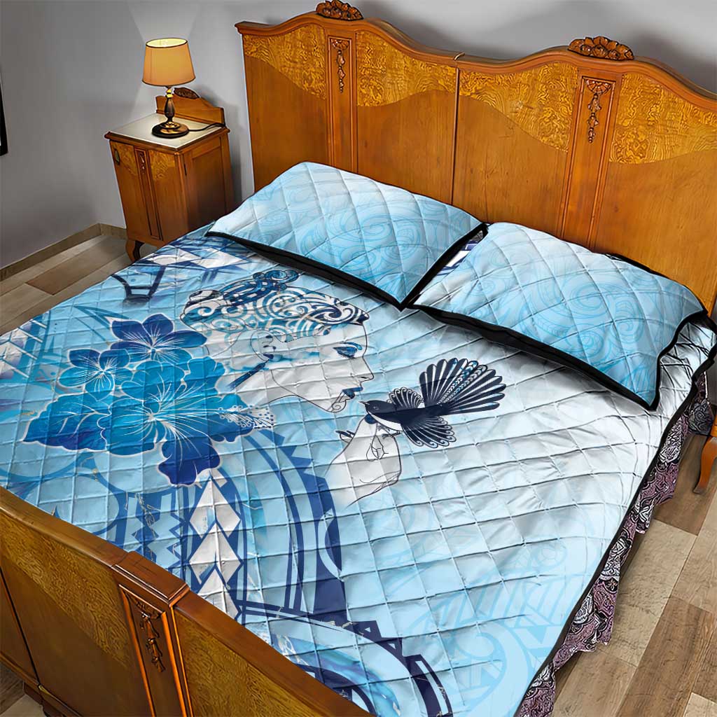 Aotearoa Maori Wahine Quilt Bed Set Fantail Bird Blue Gold Marble LT05 - Polynesian Pride