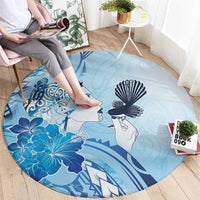 Aotearoa Maori Wahine Round Carpet Fantail Bird Blue Gold Marble