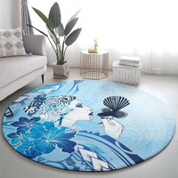 Aotearoa Maori Wahine Round Carpet Fantail Bird Blue Gold Marble