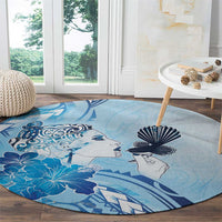 Aotearoa Maori Wahine Round Carpet Fantail Bird Blue Gold Marble