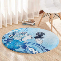 Aotearoa Maori Wahine Round Carpet Fantail Bird Blue Gold Marble