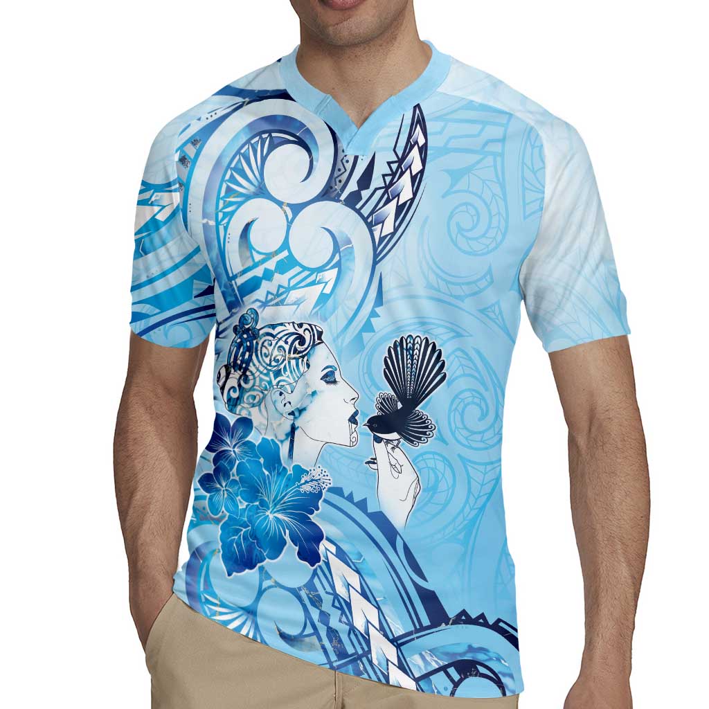 Aotearoa Maori Wahine Rugby Jersey Fantail Bird Blue Gold Marble