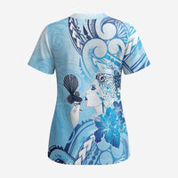 Aotearoa Maori Wahine Scrub Top Fantail Bird Blue Gold Marble - Polynesian Pride