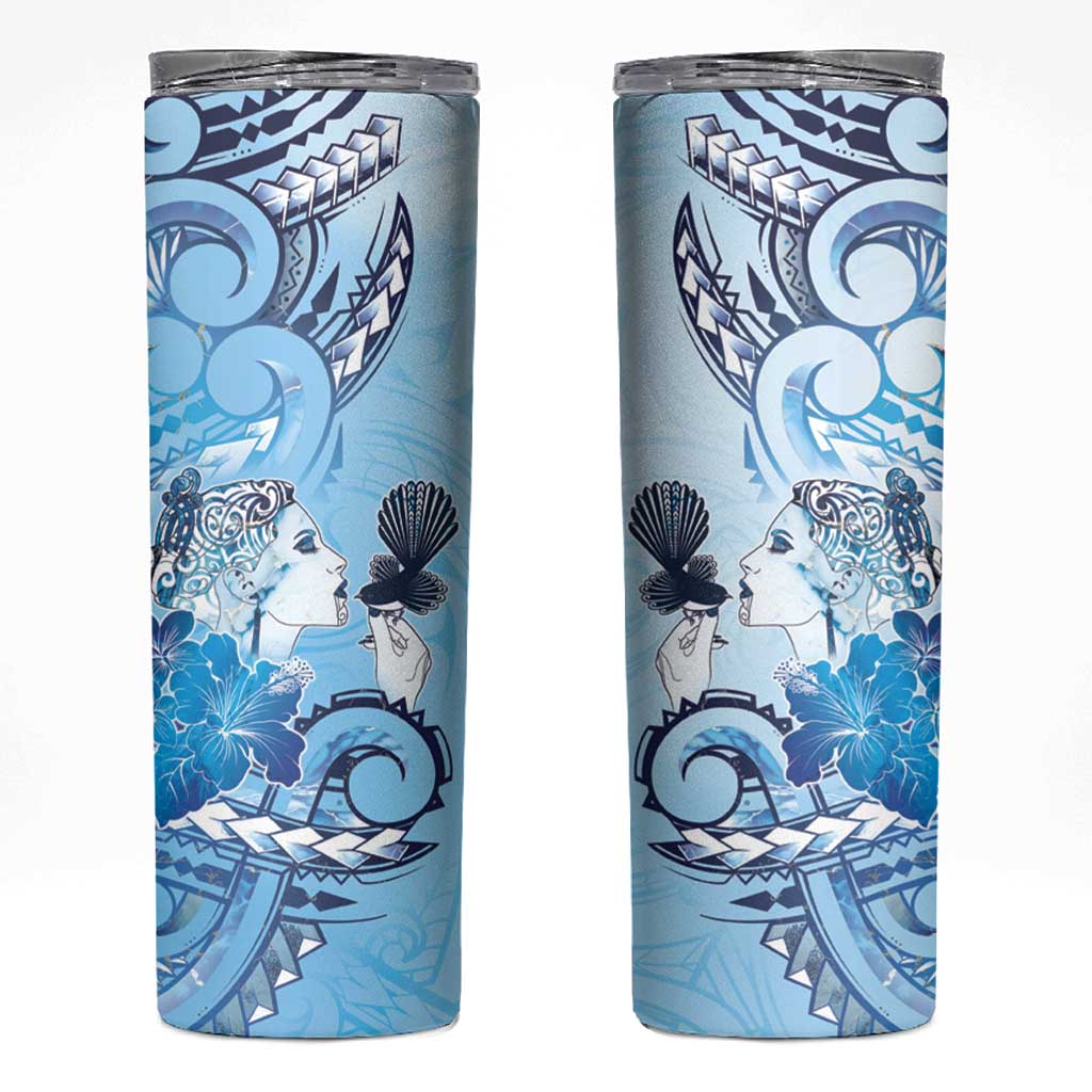 Aotearoa Maori Wahine Skinny Tumbler Fantail Bird Blue Gold Marble