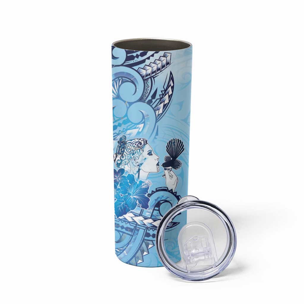 Aotearoa Maori Wahine Skinny Tumbler Fantail Bird Blue Gold Marble