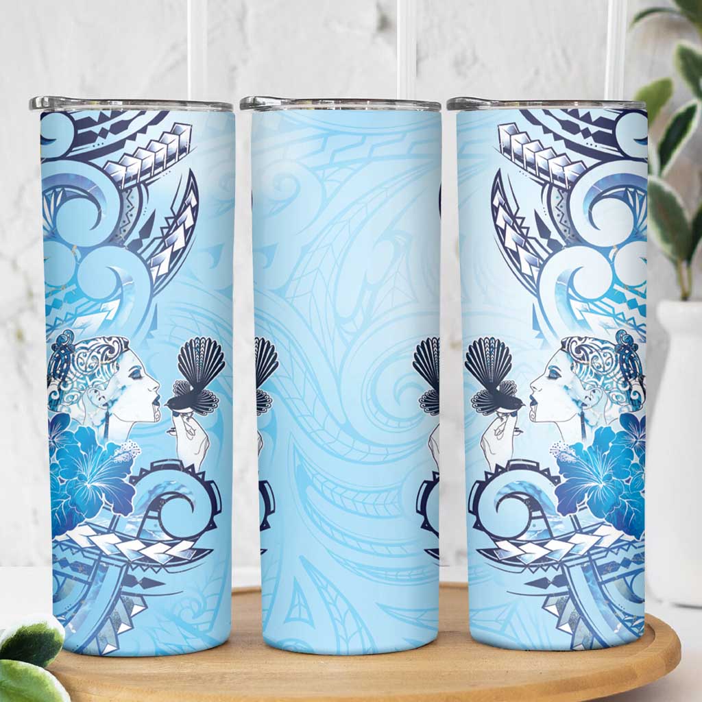 Aotearoa Maori Wahine Skinny Tumbler Fantail Bird Blue Gold Marble