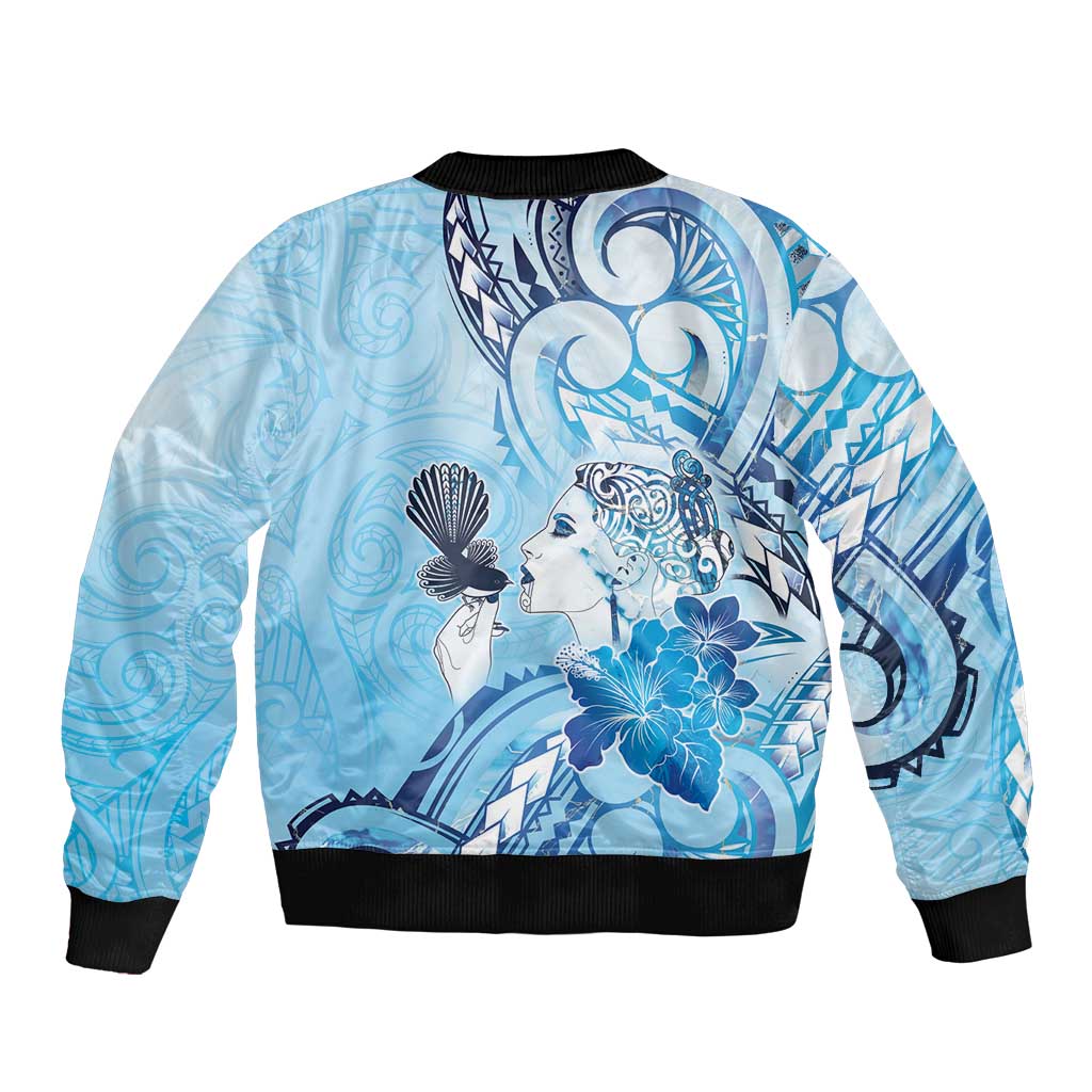 Aotearoa Maori Wahine Sleeve Zip Bomber Jacket Fantail Bird Blue Gold Marble
