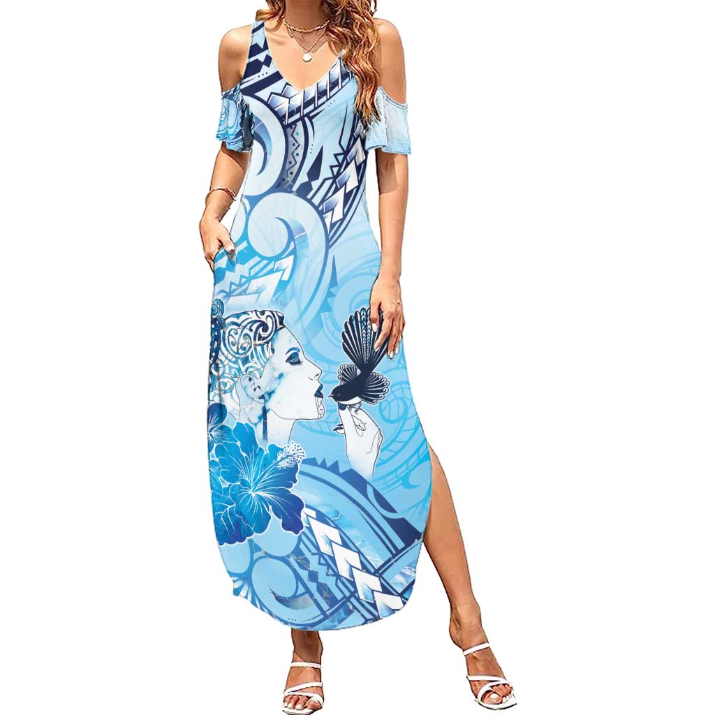 Aotearoa Maori Wahine Summer Maxi Dress Fantail Bird Blue Gold Marble