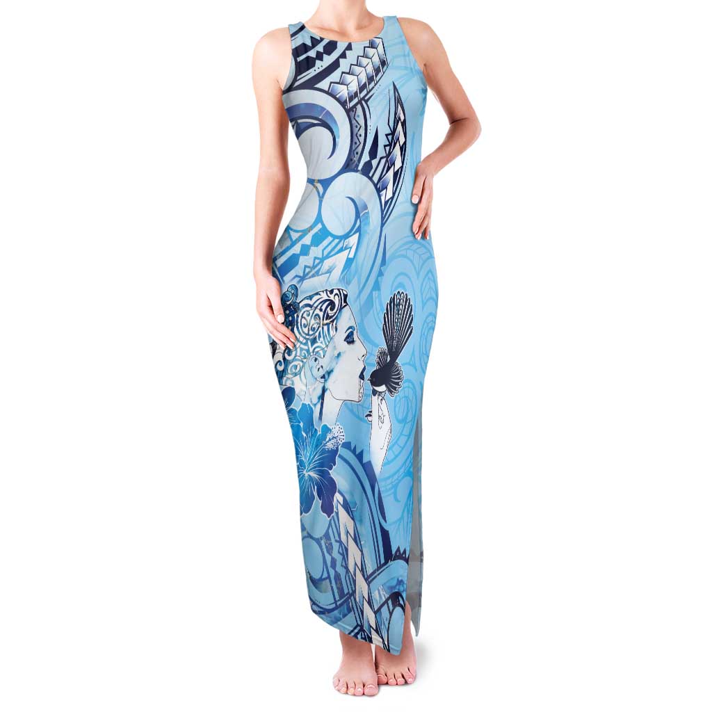 Aotearoa Maori Wahine Tank Maxi Dress Fantail Bird Blue Gold Marble