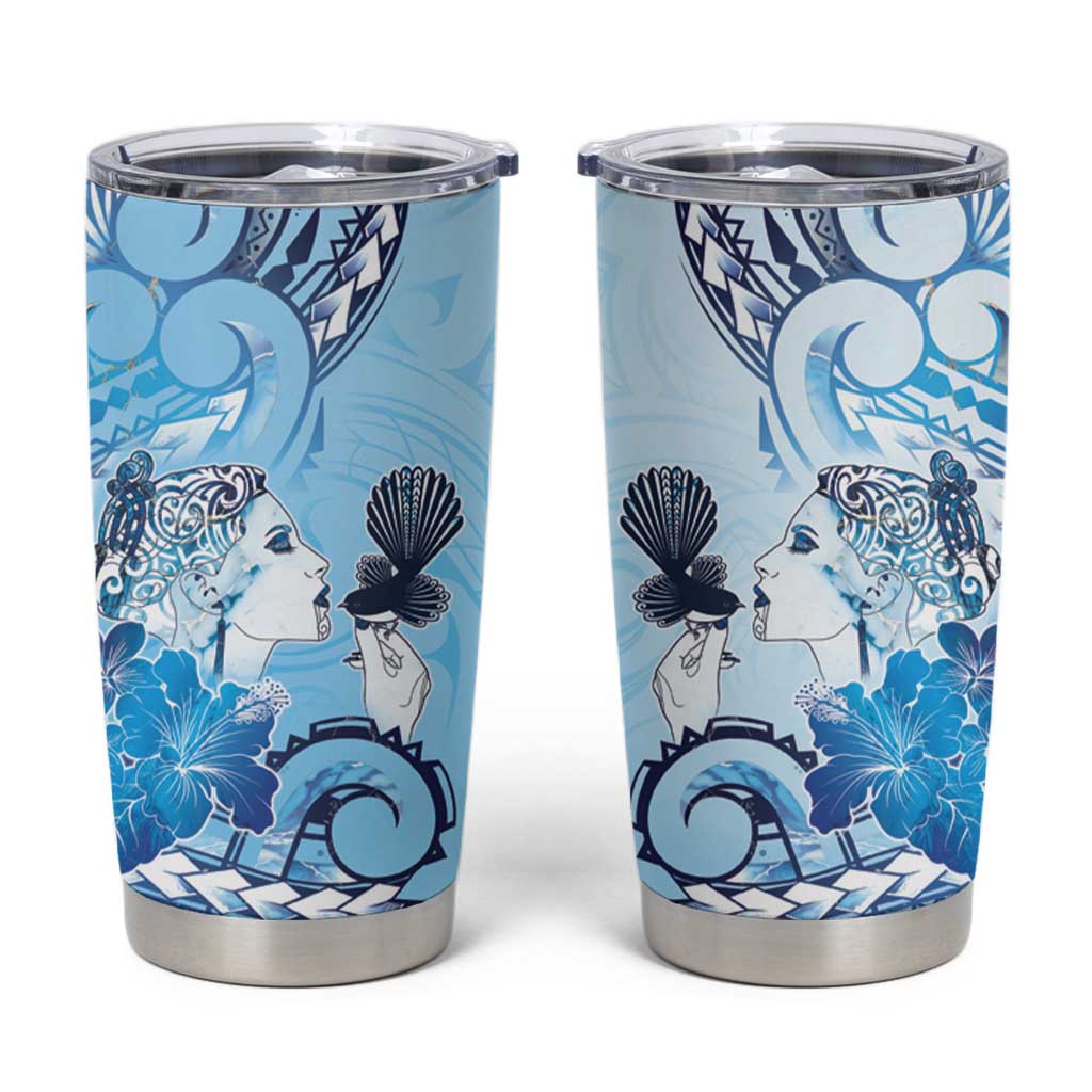 Aotearoa Maori Wahine Tumbler Cup Fantail Bird Blue Gold Marble LT05 Blue - Polynesian Pride