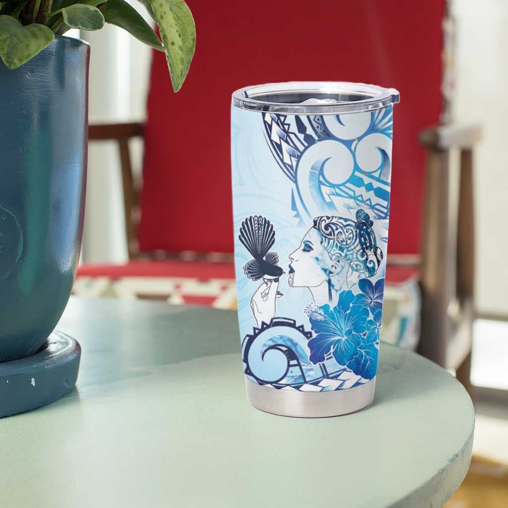 Aotearoa Maori Wahine Tumbler Cup Fantail Bird Blue Gold Marble LT05 - Polynesian Pride