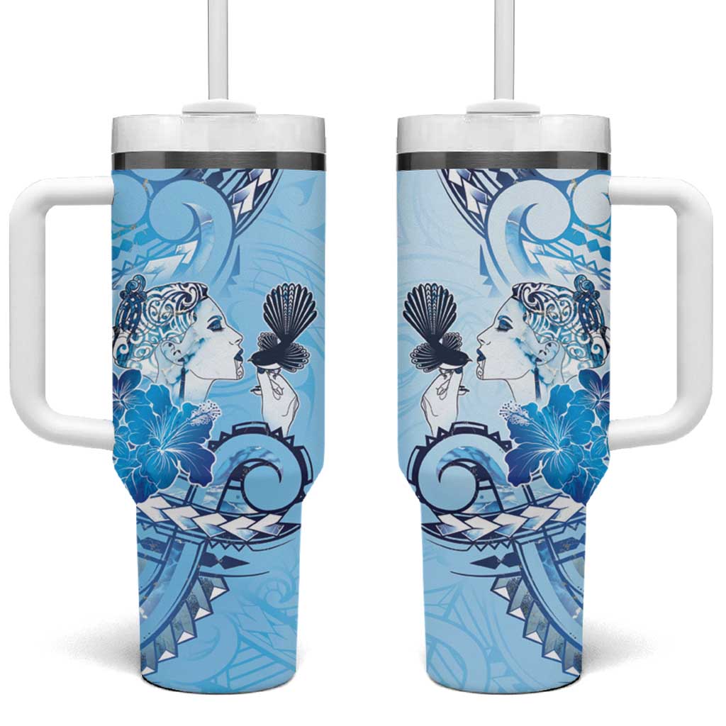 Aotearoa Maori Wahine Tumbler With Handle Fantail Bird Blue Gold Marble LT05 One Size: 40 oz Blue - Polynesian Pride