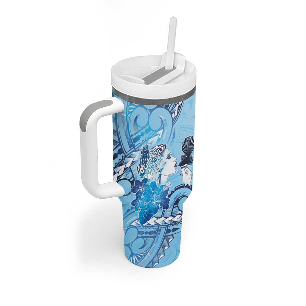 Aotearoa Maori Wahine Tumbler With Handle Fantail Bird Blue Gold Marble LT05 - Polynesian Pride