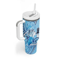 Aotearoa Maori Wahine Tumbler With Handle Fantail Bird Blue Gold Marble LT05 - Polynesian Pride