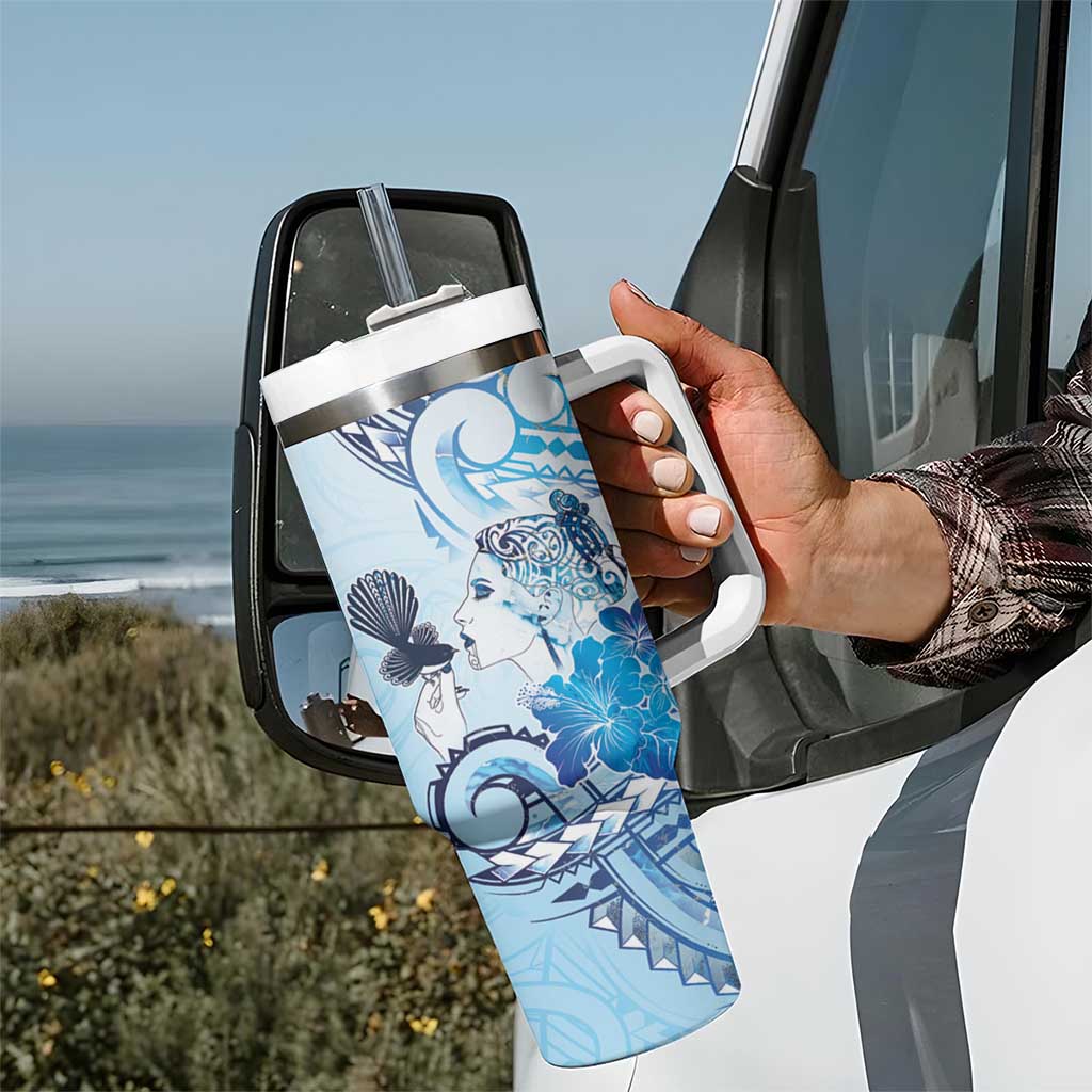 Aotearoa Maori Wahine Tumbler With Handle Fantail Bird Blue Gold Marble LT05 - Polynesian Pride