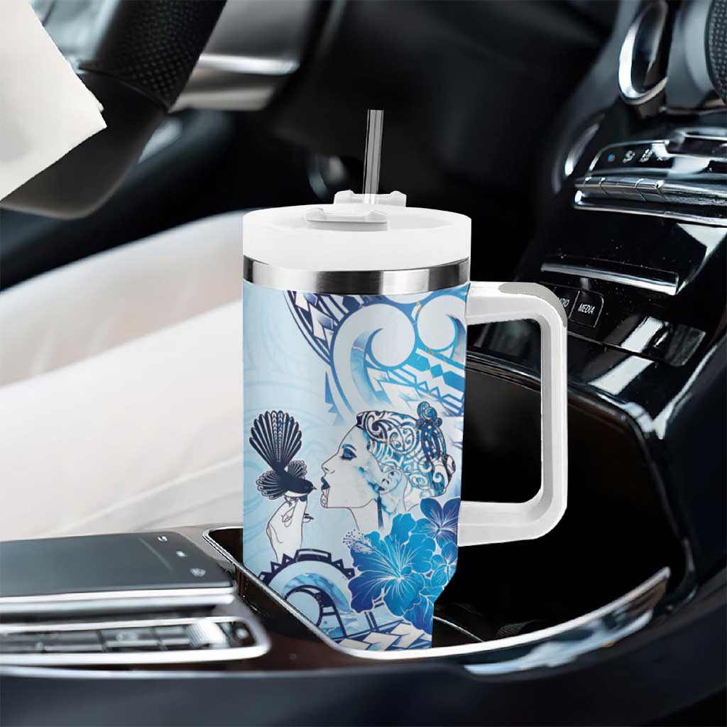 Aotearoa Maori Wahine Tumbler With Handle Fantail Bird Blue Gold Marble LT05 - Polynesian Pride
