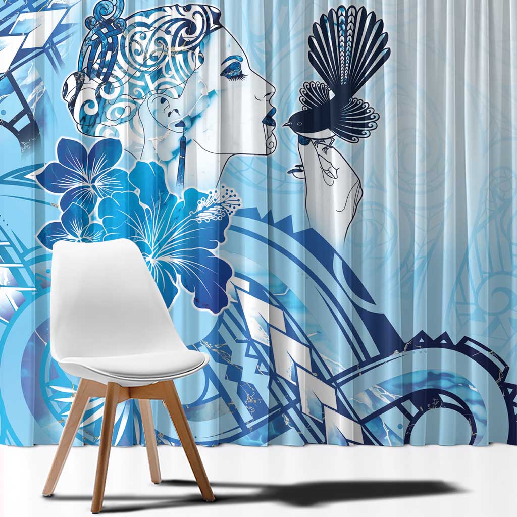 Aotearoa Maori Wahine Window Curtain Fantail Bird Blue Gold Marble LT05 - Polynesian Pride