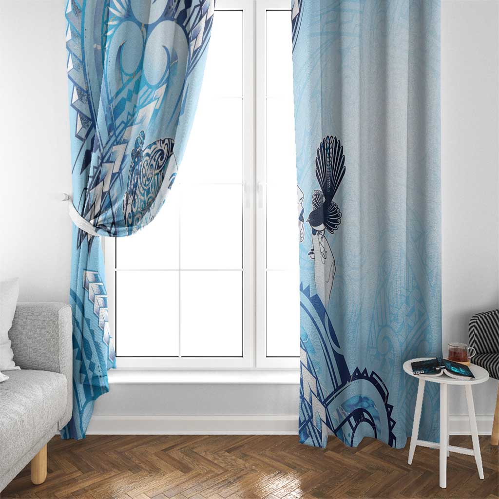Aotearoa Maori Wahine Window Curtain Fantail Bird Blue Gold Marble LT05 - Polynesian Pride