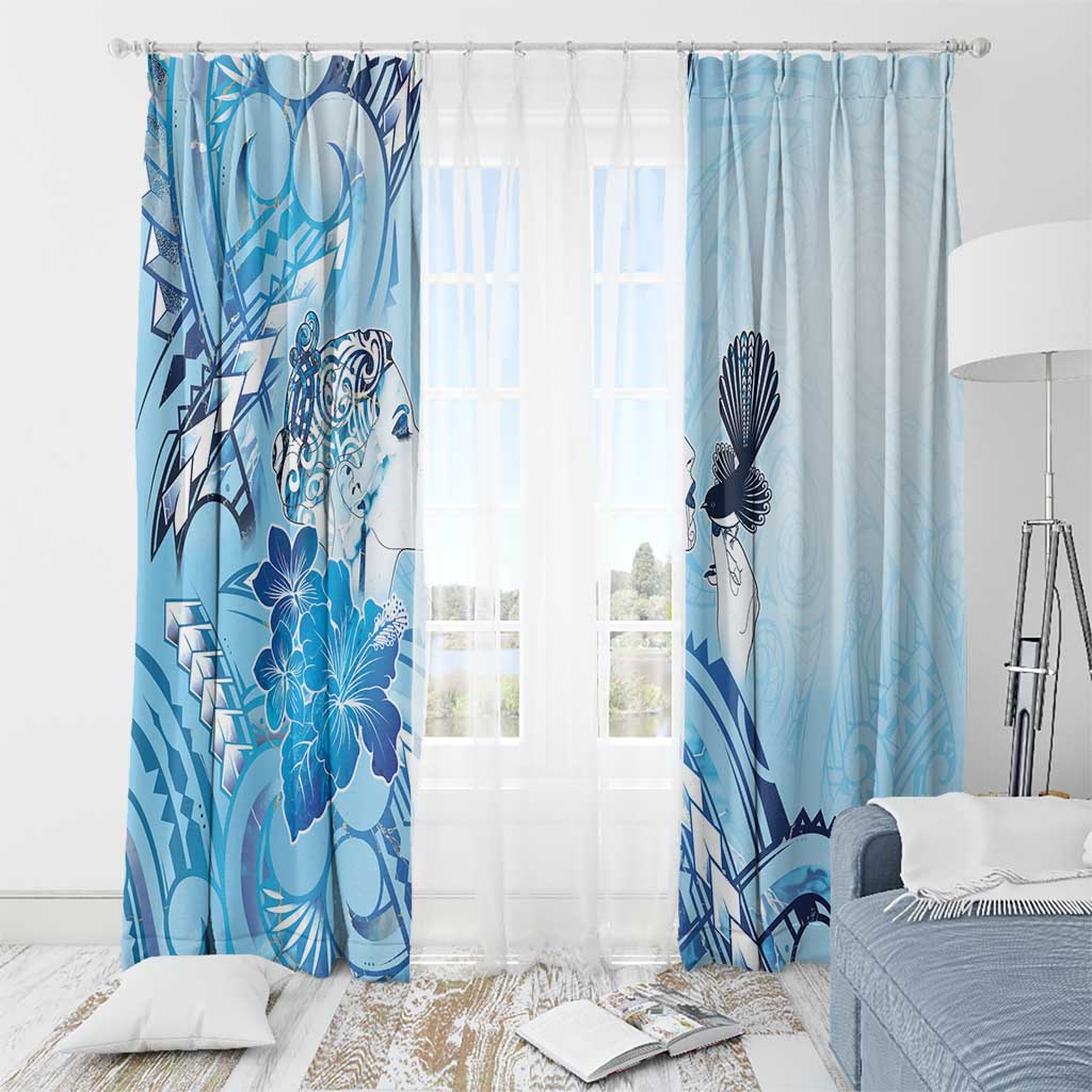 Aotearoa Maori Wahine Window Curtain Fantail Bird Blue Gold Marble LT05 - Polynesian Pride