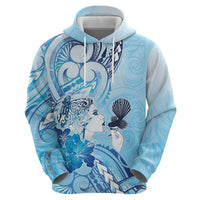 Aotearoa Maori Wahine Zip Hoodie Fantail Bird Blue Gold Marble