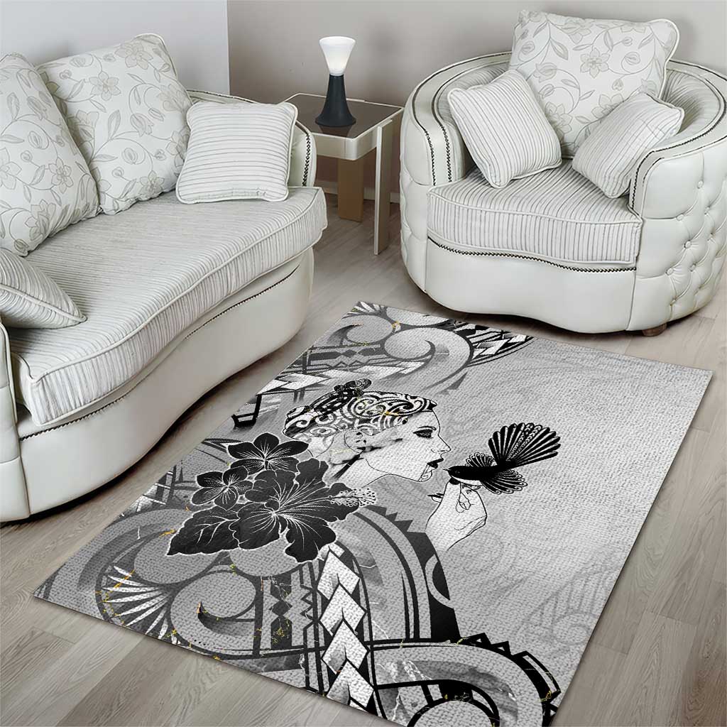 Aotearoa Maori Wahine Area Rug Fantail Bird Black Gold Marble