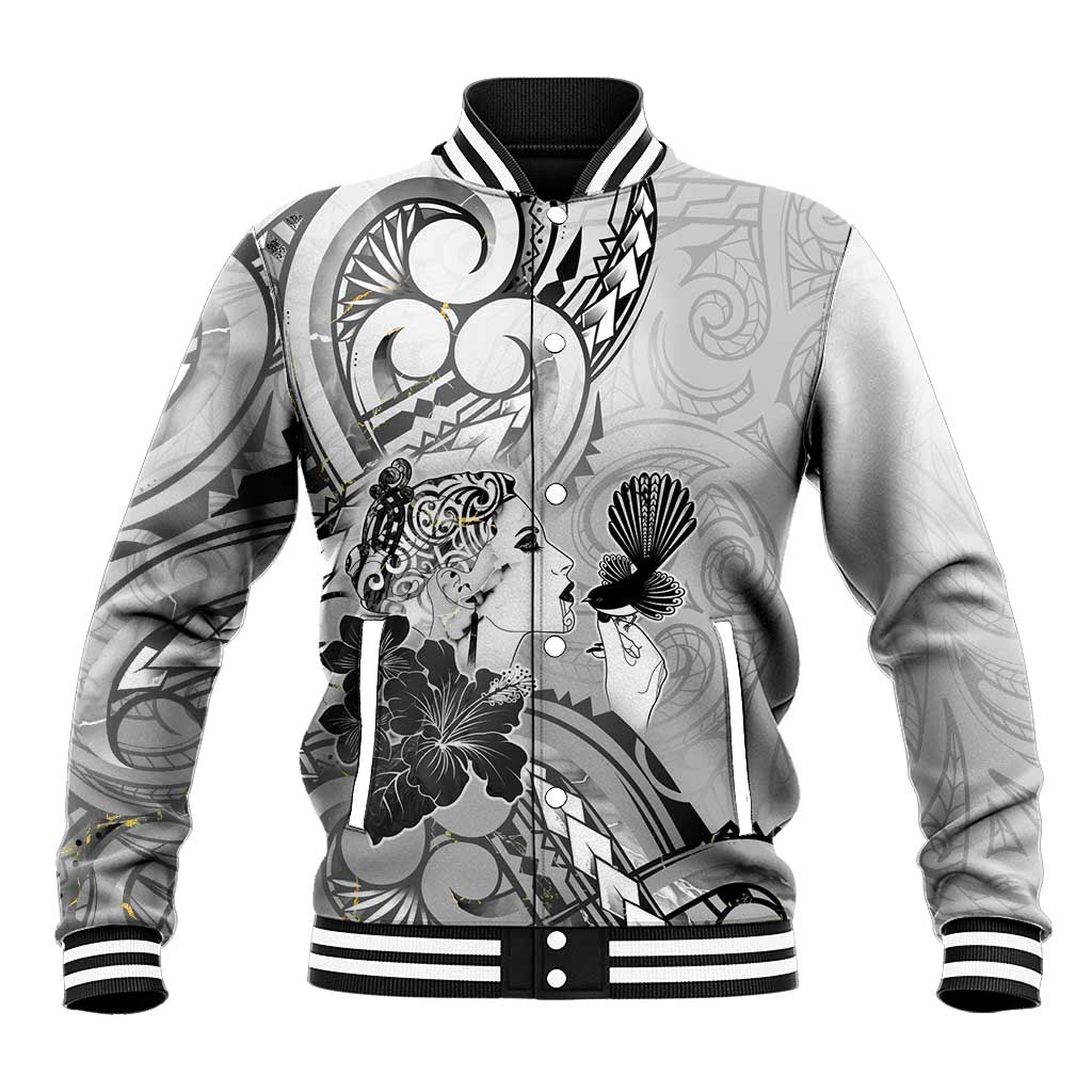 Aotearoa Maori Wahine Baseball Jacket Fantail Bird Black Gold Marble LT05 Unisex Black - Polynesian Pride